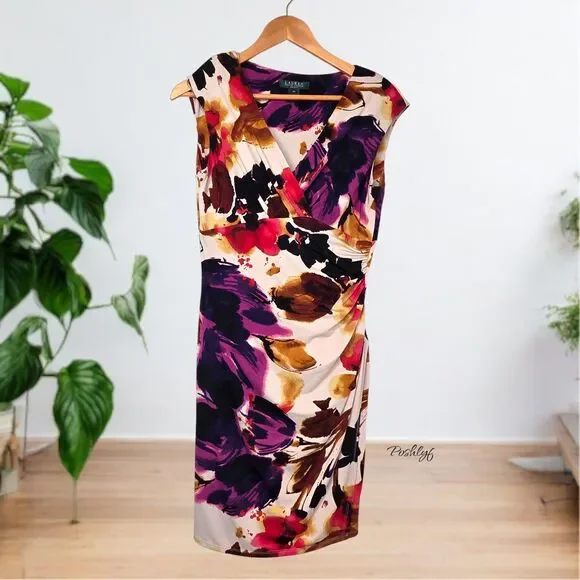 Ralph Lauren Floral Faux Wrap V Neck Ruched Sleeveless Dress 10P - Picture 11 of 11